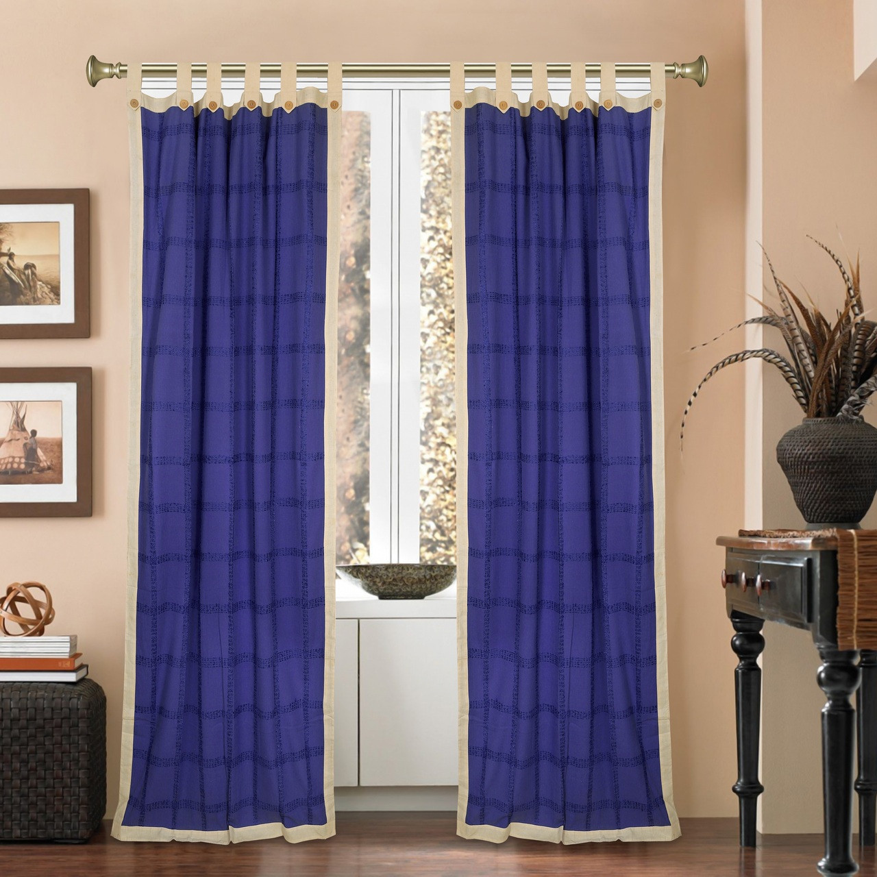 Blue and Cream Tab Top Cotton Curtains/Drape/Panel 42X101 inches Pair